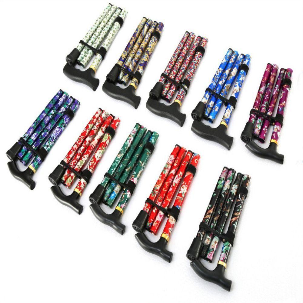 AUGUSTINA Alpenstock Lipat Untuk Wanita Pria Mendaki Hiking Off-Road Hiking Tiang Trekking Lipat Lima Simpul Staf Amanah Lari Tongkat Kruk Luar Ruangan Floral Metal Cane