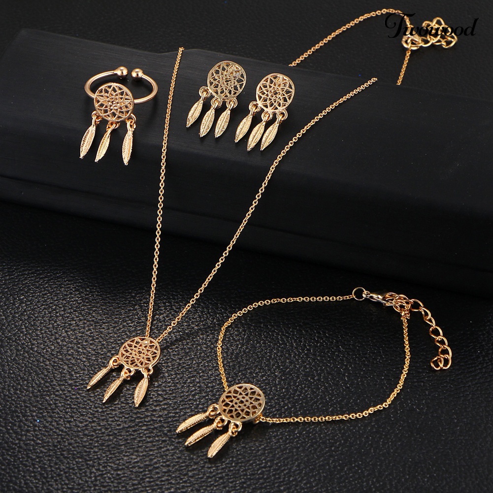 Twowood Hollow Dream Catcher Rumbai Kalung Anting Cincin Gelang Wanita Set Perhiasan