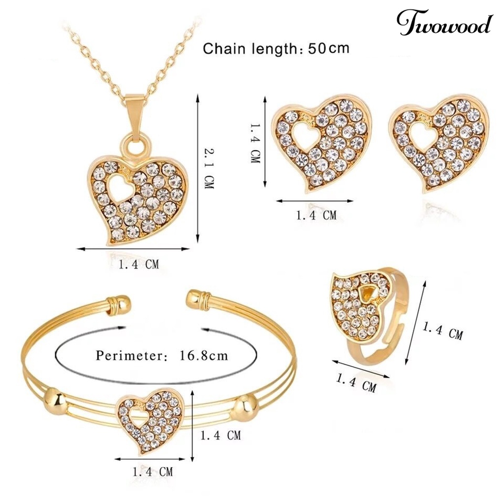 Twowood 4pcs/Set Perhiasan Wanita Bentuk Hati Hias Berlian Imitasi Warna Emas Shiny Lady Gelang Cincin Set Untuk Pernikahan