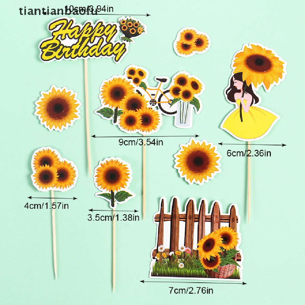 [tiantianbaofu] 1set Topper Kue Happy Birthday Sunflower Girl Bike Cupcake Toppers Perlengkapan Butik