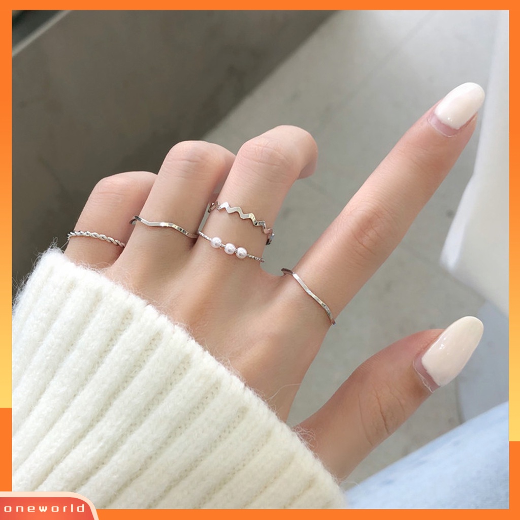 [EONE] 5pcs Cincin Jari Bergelombang Gaya Jepang Korea Mutiara Imitasi Perhiasan Electroplating Stackable Rings Set Untuk Pesta Pernikahan Perjamuan Prom