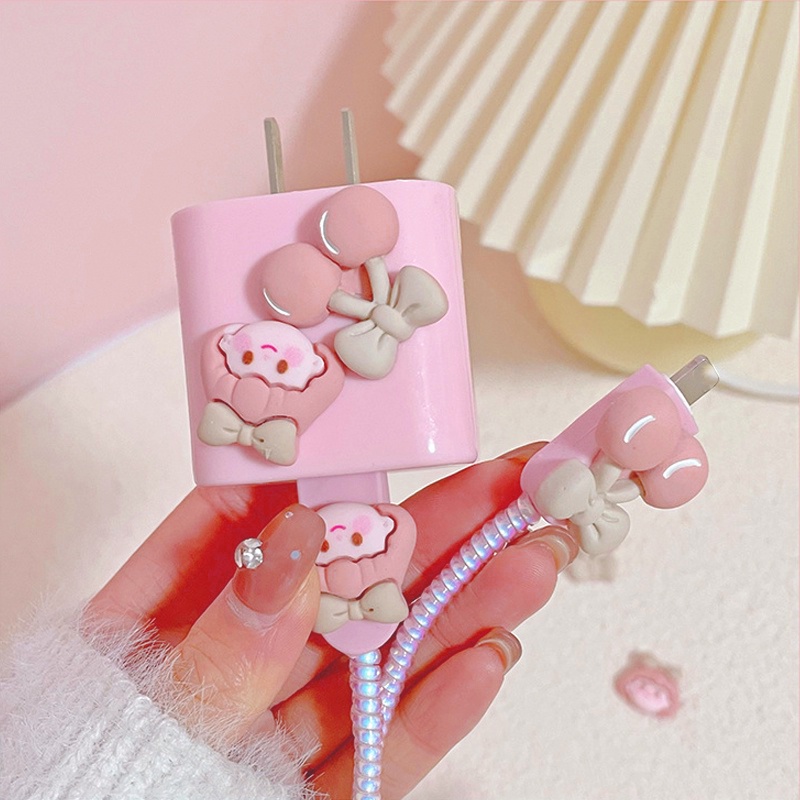 IPHONE Casing Pelindung Charger Silikon Lembut/Kartun Gadis Ceri Anti Putus Kabel Data Spiral Winder/Penutup Pelindung Colokan Charger Untuk Charger Iphone5 /18 /20W