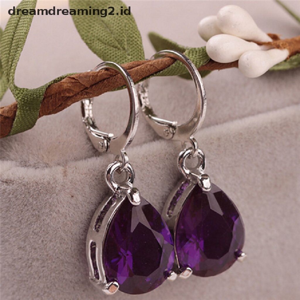 (hot) Wanita Perak Berlapis Amethyst Safir Perhiasan Droop Stud Hoop Earrings Hadiah//