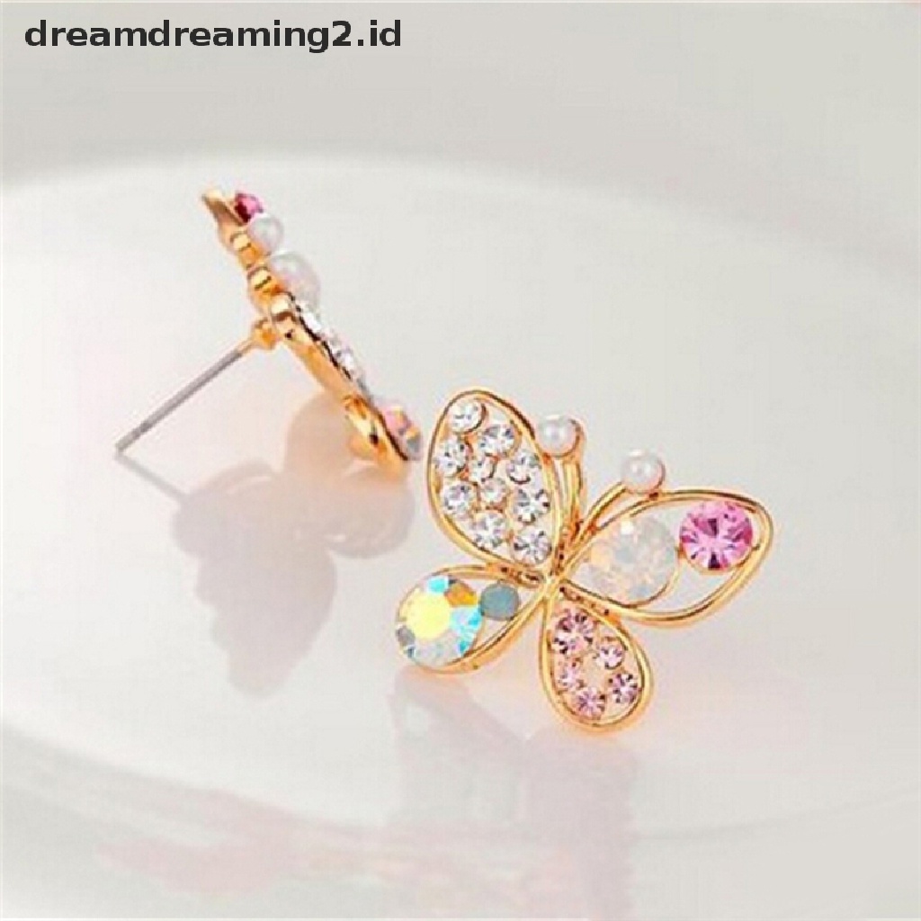 (hot) Ladies Chic Indah Kristal Berlian Imitasi Berongga Kupu-Kupu Ear Stud Earrings Hadiah//