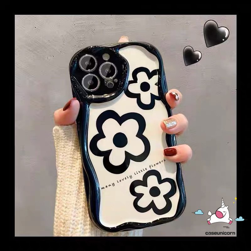 Casing Simple Tiga Bunga Glossy Kompatibel Untuk IPhone 7Plus XR 11 Pro Max 6s 8 6 7 Plus 13 14 12 Pro Max X XS Max SE 2020 3D Wavy Curved Edge White Shockproof Airbag Soft Cover