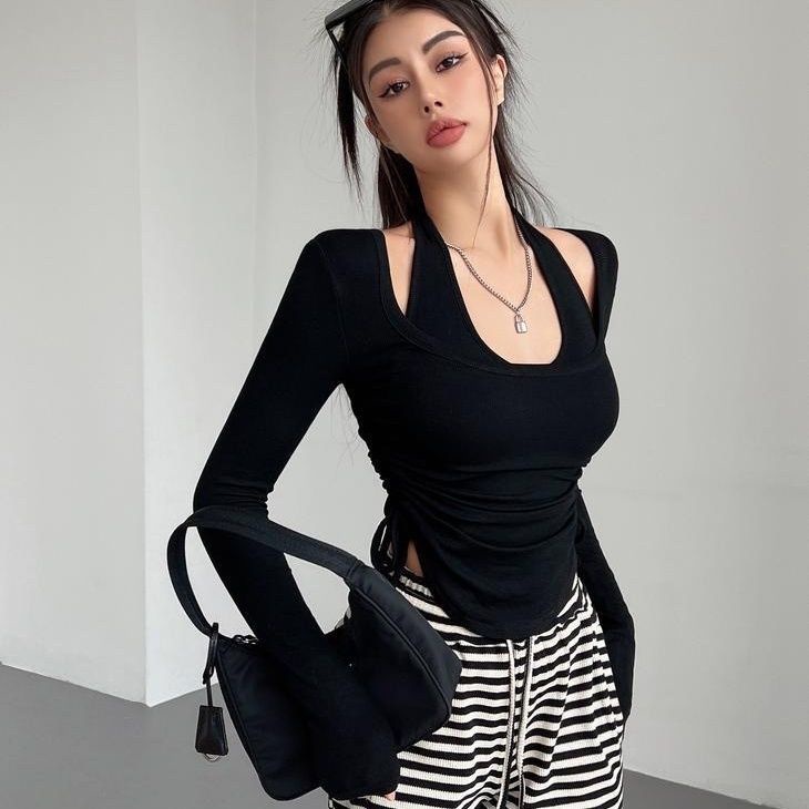 Red LRUPPG Hati-hati Mesin Keinginan Murni Gadis Panas Menggantung Leher Lengan Panjang T-shirt Wanita Slim Pendek Kemeja Dua Potong top