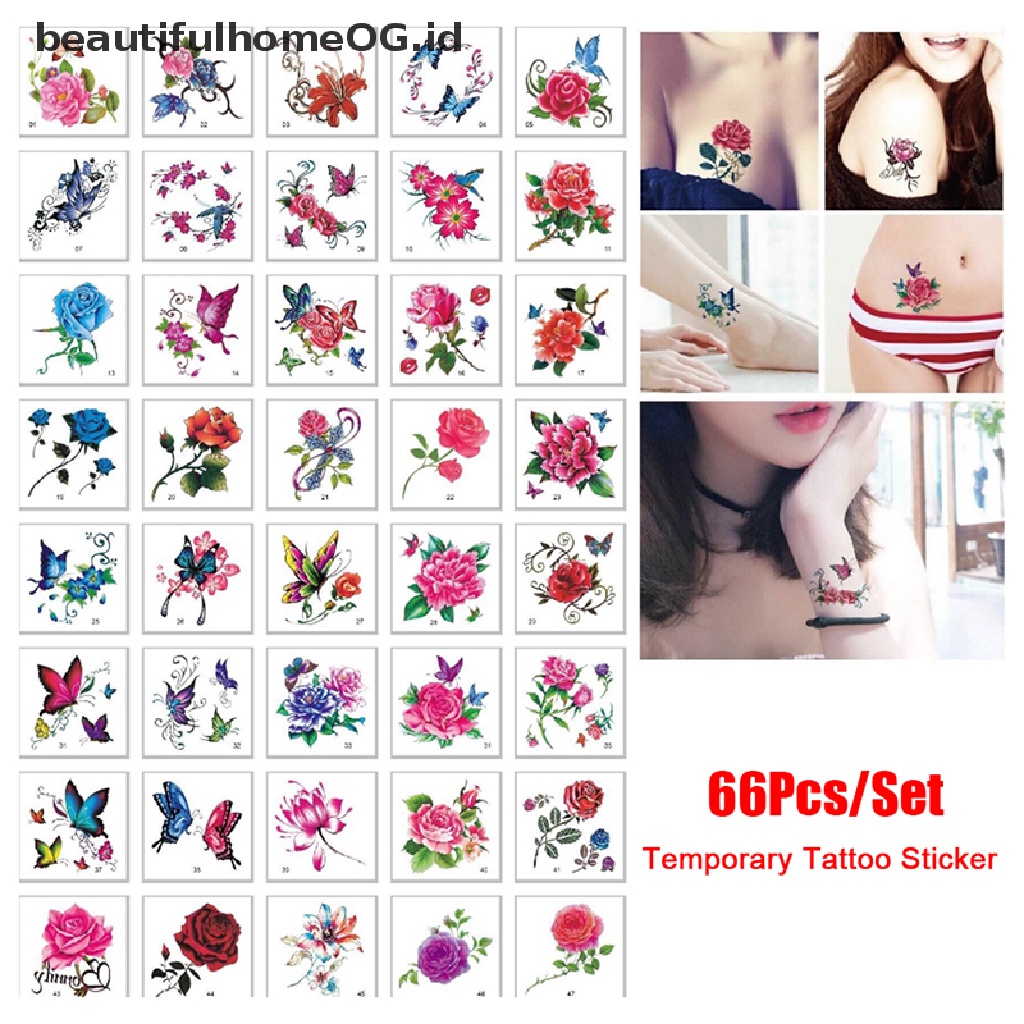 // Beauty// 66Pcs Bunga Kupu-Kupu Seni Tubuh Tato Temporer Stiker Tato Tahan Air **