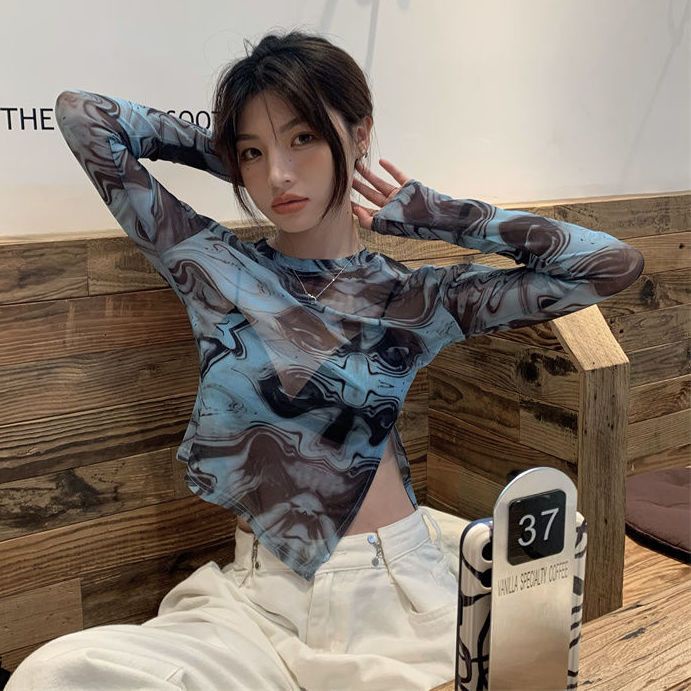 Red Mekar Kepribadian Asimetris Celah Babes Musim Panas Tabir Surya Mesh Lengan Panjang Kemeja T-shirt Pendek Wanita In Top