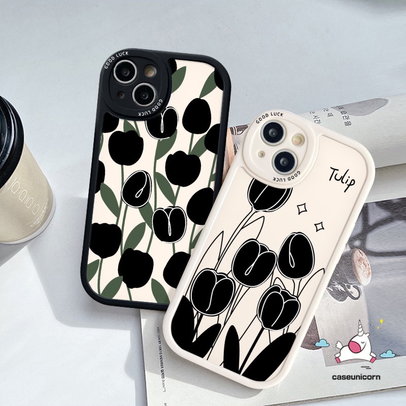 Casing Ponsel Pasangan Sederhana Modis Kompatibel Untuk iPhone XR 13 11 14 12 Pro 7 6s 6 8 Plus X XS Max 14 11 13 Pro Max SE 2020 Bunga Tulip Hitam Lembut Tpu Penutup Belakang