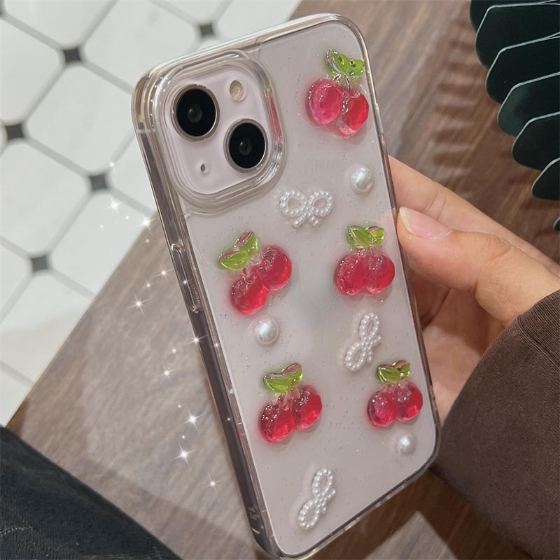 Casing Ponsel Epoxy Cherry Buah Glitter 3D Untuk iPhone 14 13 12 11 Pro MAX Plus Mini Bening Lucu Lembut TPU Cover Untuk iPhone X XS MAX XR 7 8 Plus SE 2022 2020 14Plus 13Mini 12Mini