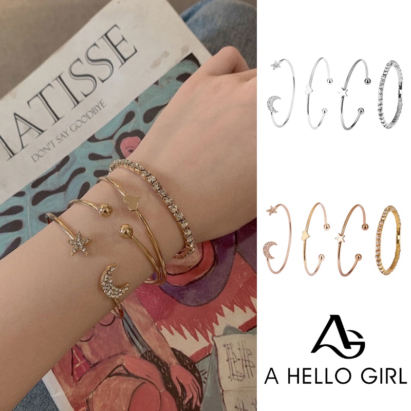 4pcs / Set Gelang Tangan Wanita Desain Hati Bintang Bulan Hias Berlian Imitasi
