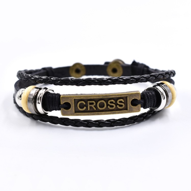 [Z H Perhiasan] Vintage Cross Manik-Manik Gelang Kulit Pria Dan Wanita Fashion Stainless Steel Multilayer Gelang Punk Pesta Rock Perhiasan Aksesoris