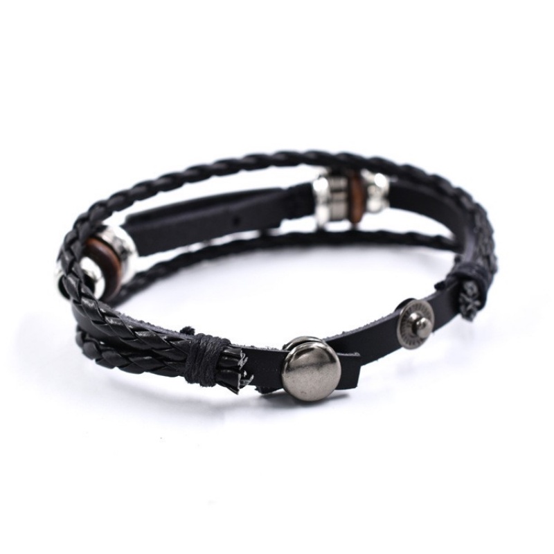 [X C Gelang] Baru WWJD Huruf Gaya Gelang Hitam Kulit Vintage Hip Hop Punk Gelang Kulit Lengan Manik-Manik Multilayer Paduan Seng Anyaman Gelang