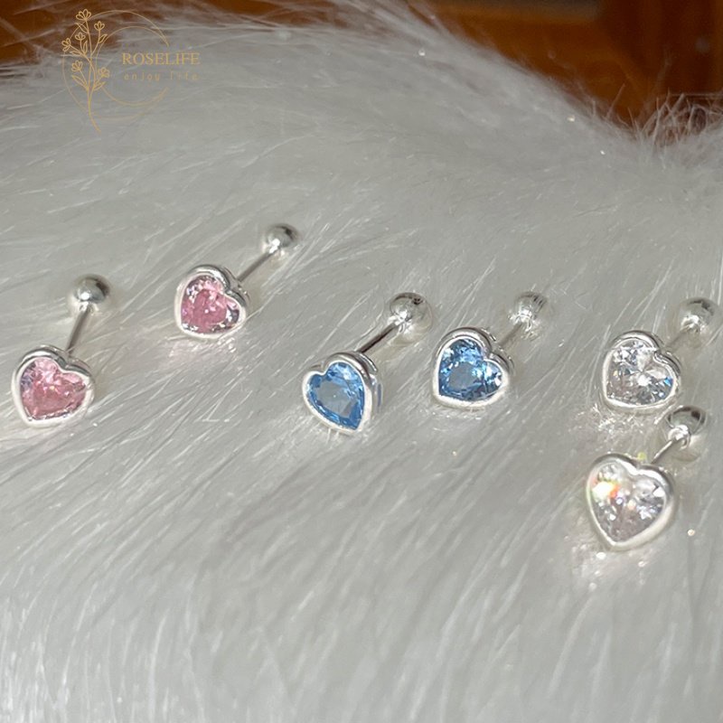 Roselife Klasik s925 Perak Mengkilap Biru Pink Zirkon Jantung Tindik Sekrup Anting-Anting Untuk Wanita Perempuan Elegan Bola Kecil Kristal Cinta Stud Anting-Anting Trendi Tulang Rawan Telinga Perhiasan Aksesori