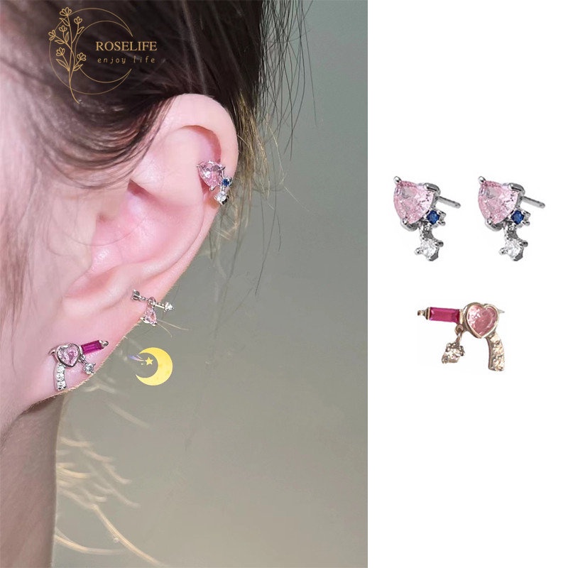 Roselife Keren Manis Berkilauan Merah Muda Kristal Jantung Stud Anting Untuk Wanita Perempuan Elegan Rose Quartz Love Piercing Screw Earring Mewah Zirkon Telinga Perhiasan Aksesoris