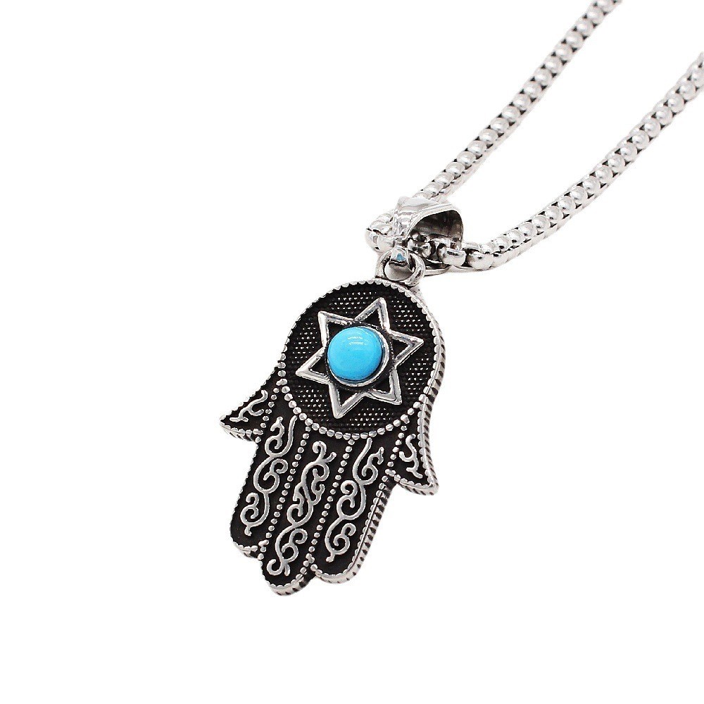 [X C Kalung] Wanita Hip Hop Punk Gothic Retro Perak Kalung Bergamot Enam Bintang Biru Pirus Titanium Liontin Batu Pesta Fashion Perhiasan