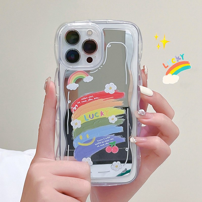 【Shock Proof Mirror】Wave Silicone Soft Case Iphone 6S 7 8 Plus X XR XS Max IPhone 11 12 13 14 Pro Max 14 Plus 7+ 8+ 12 13 mini for Women Girl Ins Rainbow Smile