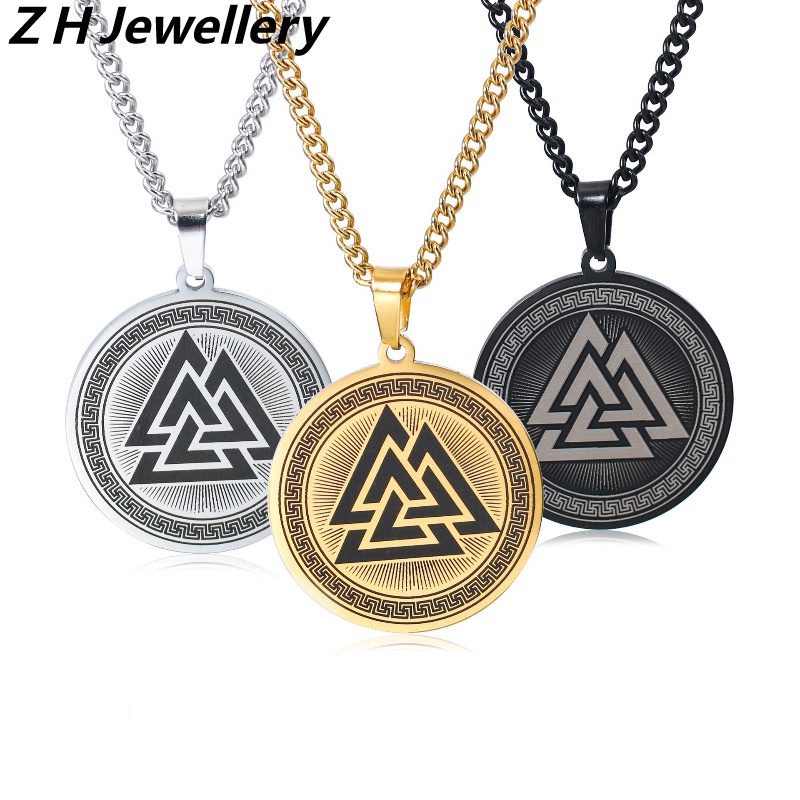 Z H Perhiasan Hip Hop Rock Stainless Steel Nordic Viking Odin Valknut Segitiga Simbol Liontin Untuk Pria Dan Wanita Fashion Baja Titanium Kalung Vintage Punk Aksesoris Pesta