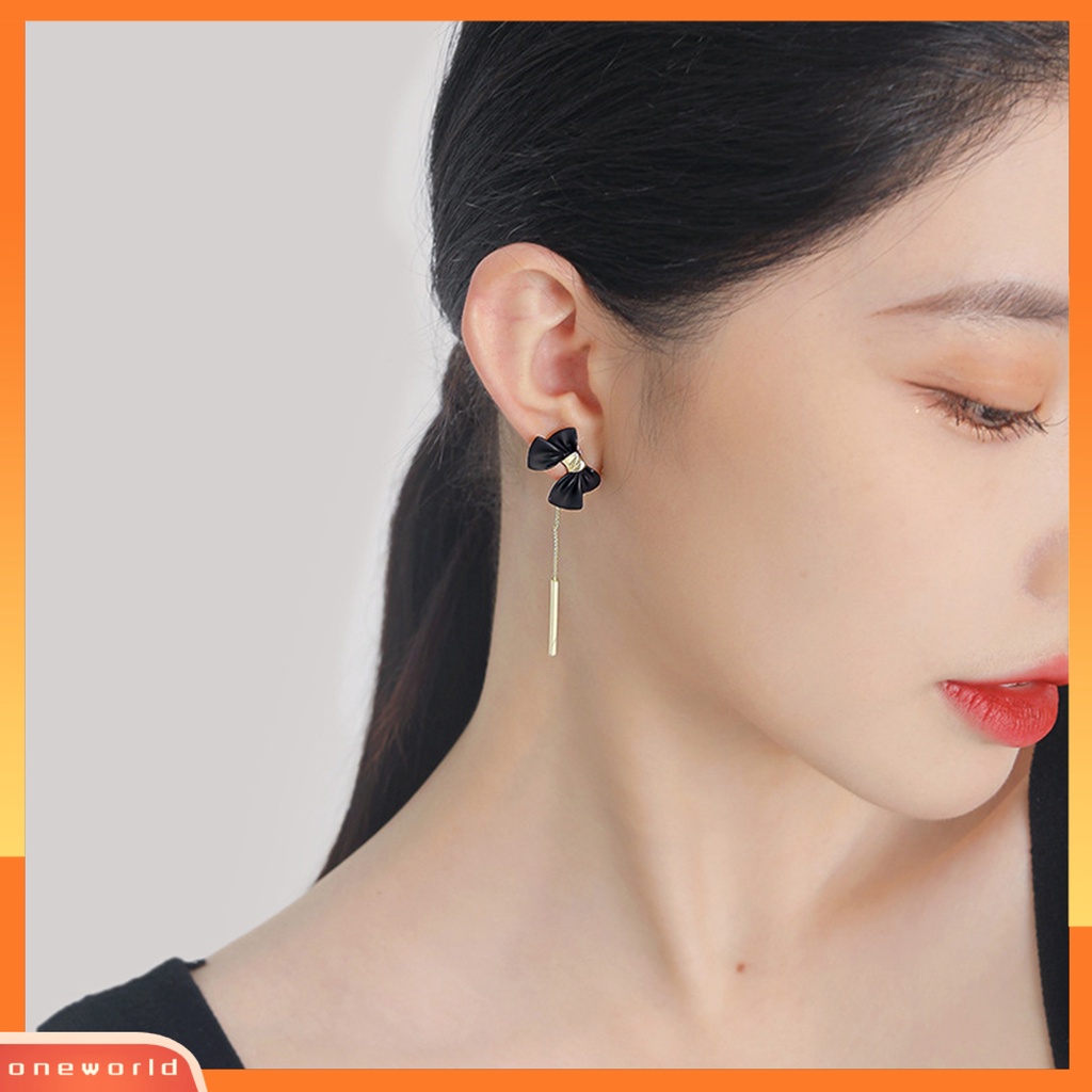 [ONE] 1pasang Ear Studs Detachable Golden Rantai Panjang Rumbai Elegan Hadiah Lucu Hitam Ikatan Simpul Wanita Anting Fashion Perhiasan