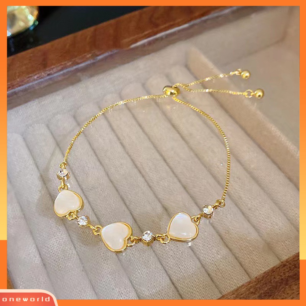 [ONE] Wanita Gelang Shiny Faux Cat Eye Stone Adjustable Golden Elegan Tiga Cinta Hati Pesona Wanita Bangle Fashion Perhiasan