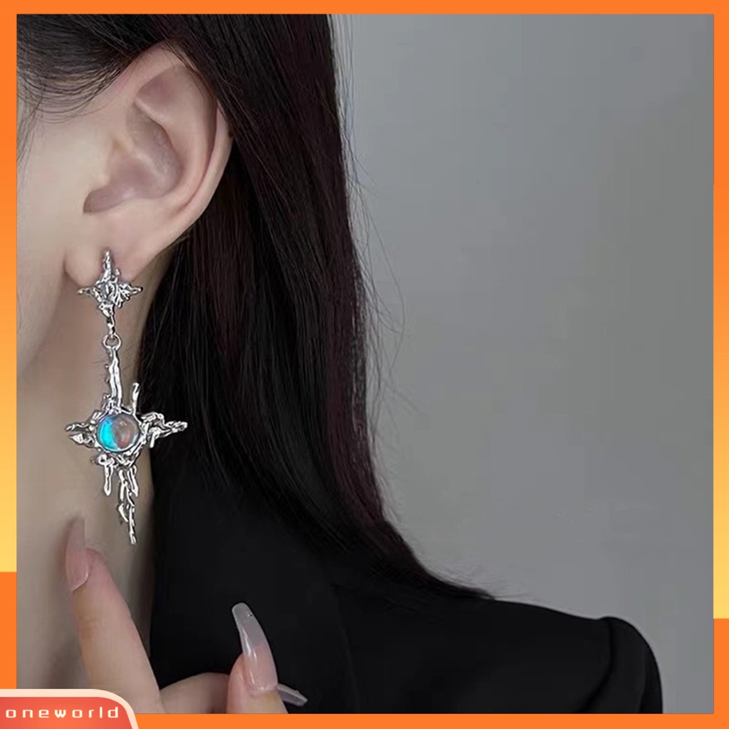 [EONE] 1pasang Drop Earrings Tidak Teratur Cair Logam Panjang Rumbai Hip Hop Kilau Terang Hias Hadiah Wanita Cross Faux Moonstone Pendant Stud Earrings Perhiasan Aksesori Fashion