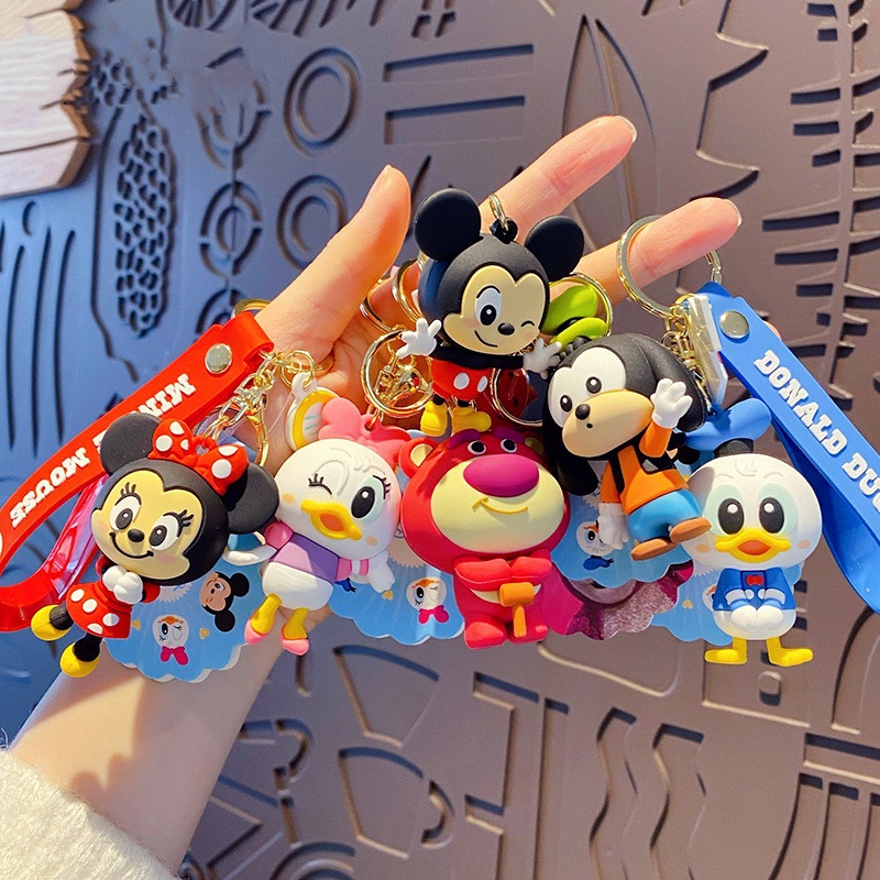 Asli Kartun Disney Minnie Boneka Gantungan Kunci PVC Manyo Goofy Daisy Bear Anime Figurine Key Ring Fashion Liontin