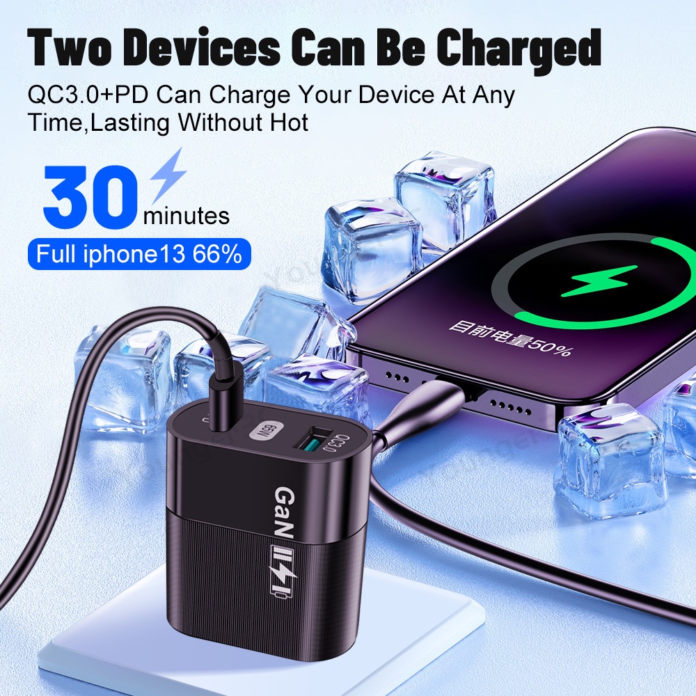 65w QC3.0+PD Gallium Nitride Power Adapter PD33W GaN Fast Charging Charger Handphone Untuk ios Android Tipe C