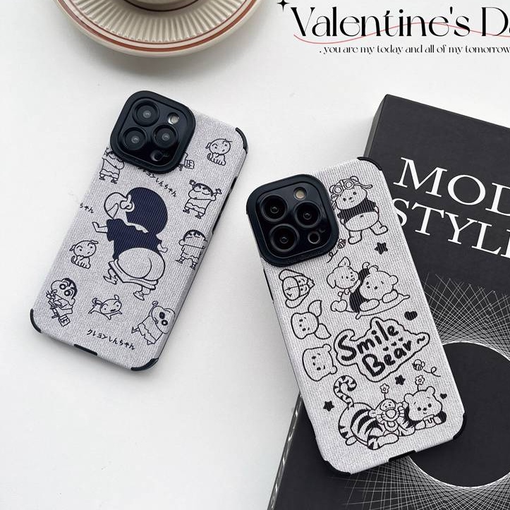 So Cute Gray Grey Winnie Bear Leather Soft Case iP iPhone 7 8 Plus SE 2020 X XR XS Max 11 12 13 14 Pro Max 14 Plus Camera Protect Cartoon Anime Crayon Shin-chan