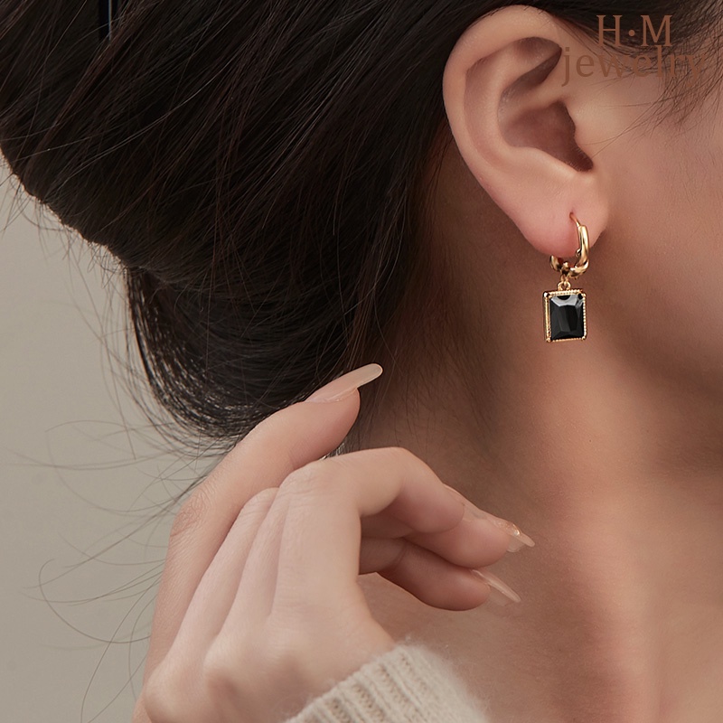 S925 Perak Retro Hitam AAA Zirkon Anting Bermutu Tinggi Cahaya Mewah Temperamen Anting