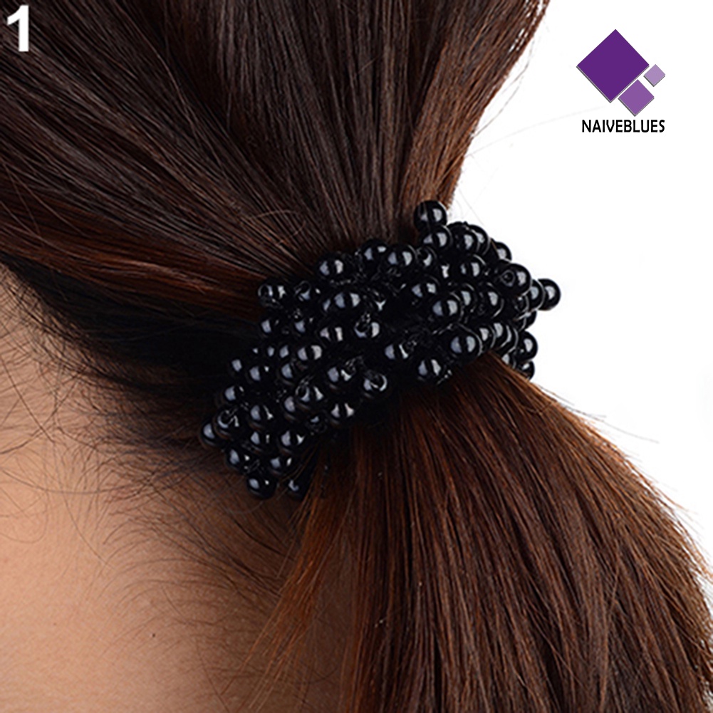 &lt; Naiveblues &gt; Fashion Wanita Manik-Manik Mutiara Imitasi Hair Band Scrunchie Ponytail Holder