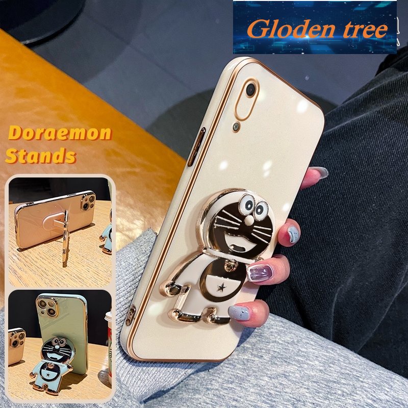 Casing Pohon Gloden Untuk Huawei Y6 Pro 2019case Fashion Kartun Doraemon Lipat Stand Phone Case Electroplating Shockproof Phone Holder Case