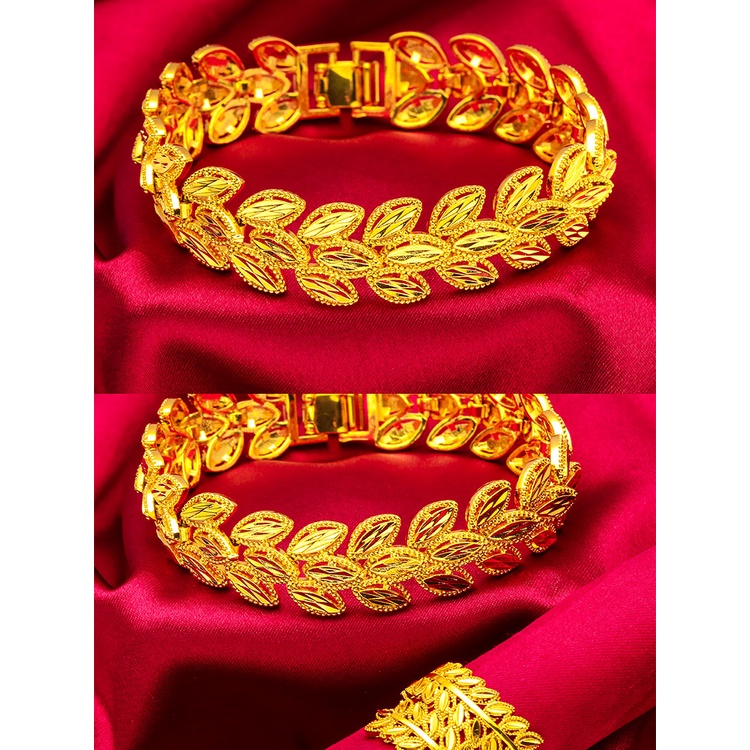 Goldkingdom Perhiasan Fashion 24K Bangkok Aksesoris Ready Stock Gandum Telinga Daun Bertepi Lebar Wanita Daun Cincin Gelang Set