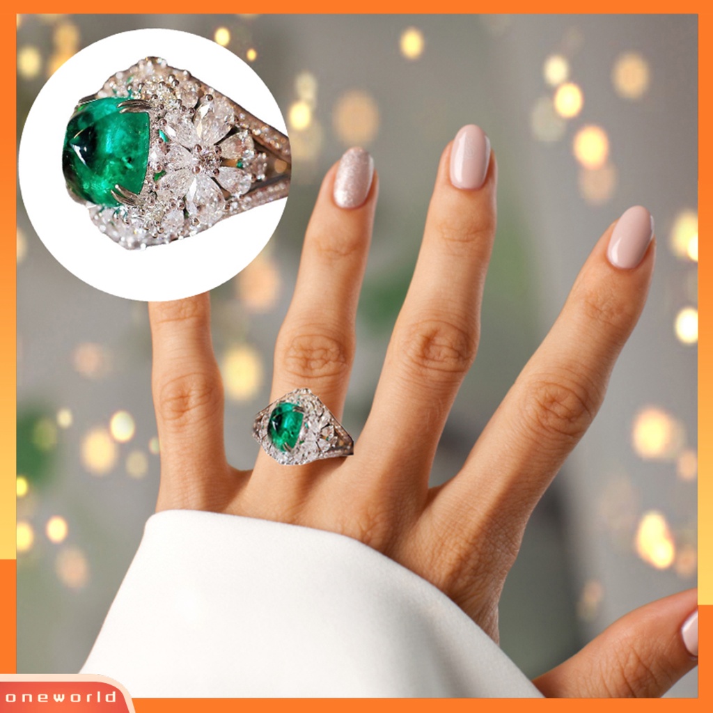 [EONE] Cincin Wanita Retro Hias Berlian Imitasi Persegi Hijau Jari Ring Untuk Anniversary