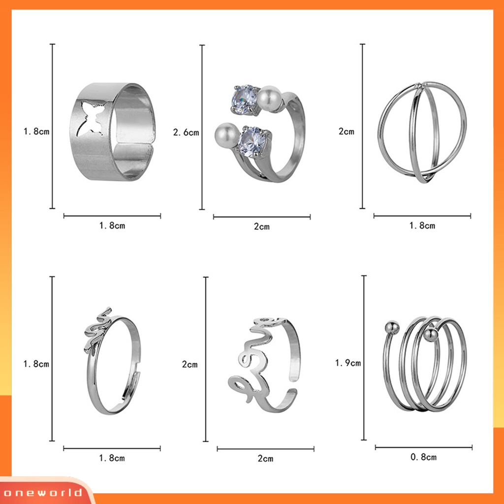 [EONE] 6 Pcs Jari Cincin Huruf Kupu-Kupu Mutiara Imitasi Pria Wanita Pembukaan Adjustable Ins Style Rings Fashion Jewelry