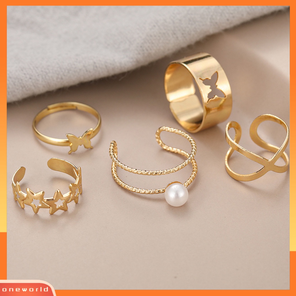 [EONE] 5pcs Cincin Jari Berongga Keluar Bintang Kupu-Kupu Perhiasan Vintage Stackable Rings Untuk Pakaian Sehari-Hari