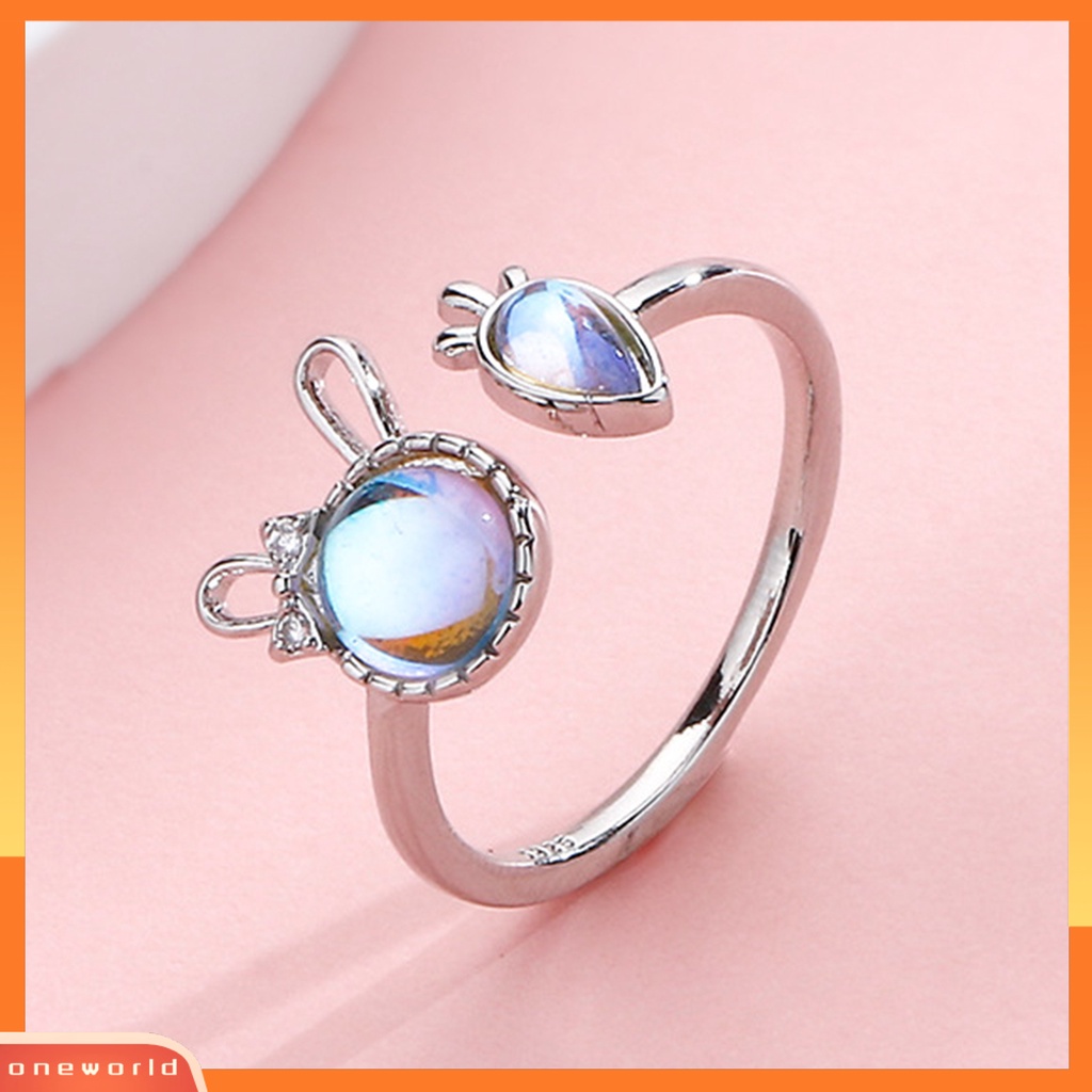 [EONE] Wanita Cincin Shiny Faux Moonstone Animal Element Adjustable Opening Design Hias Hadiah Kelinci Kecil Lobak Jari Cincin Perhiasan Pesta Untuk Pacaran