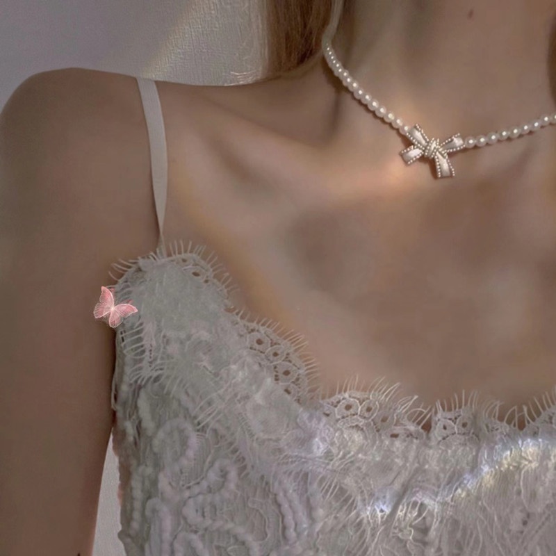 Kalung Rantai Manik-Manik Mutiara Simple Fashion Choker Klavikula Busur Untuk Aksesoris Perhiasan Wanita