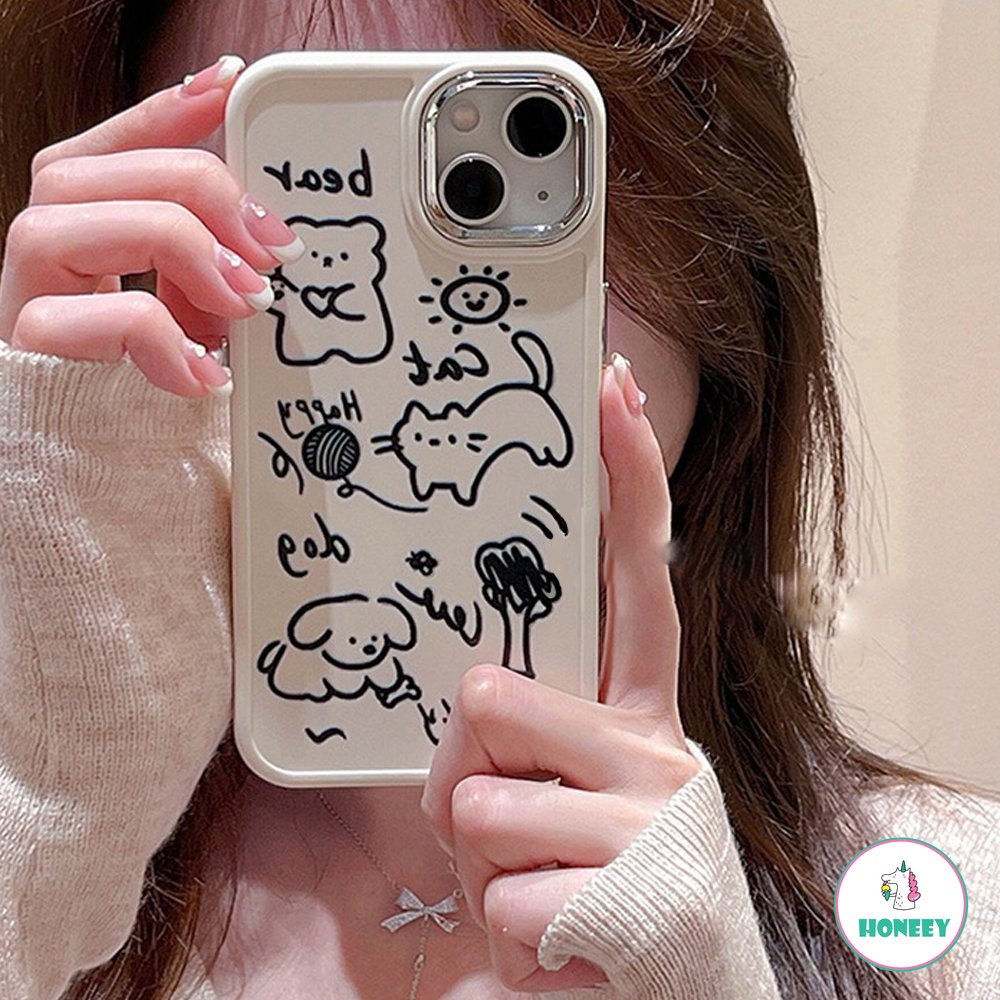 IPHONE Lucu Graffiti Line Animals Bear Happy Cat Phone Cover Case Untuk Iphone14 13 12 11 Pro Max Anjing Yang Indah Jatuh Bukti Soft Cover