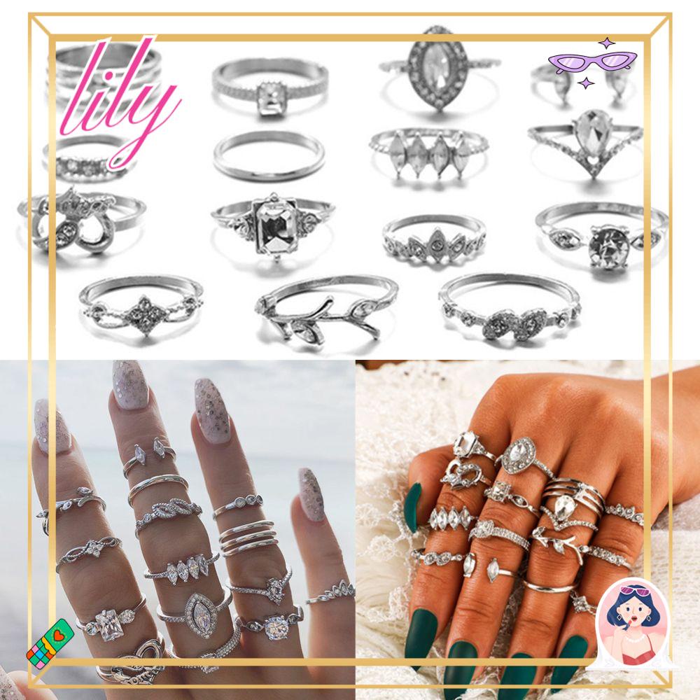 Lily 15PCS Cincin Set Wanita Warna Silver Statement Elegan Hati Berongga