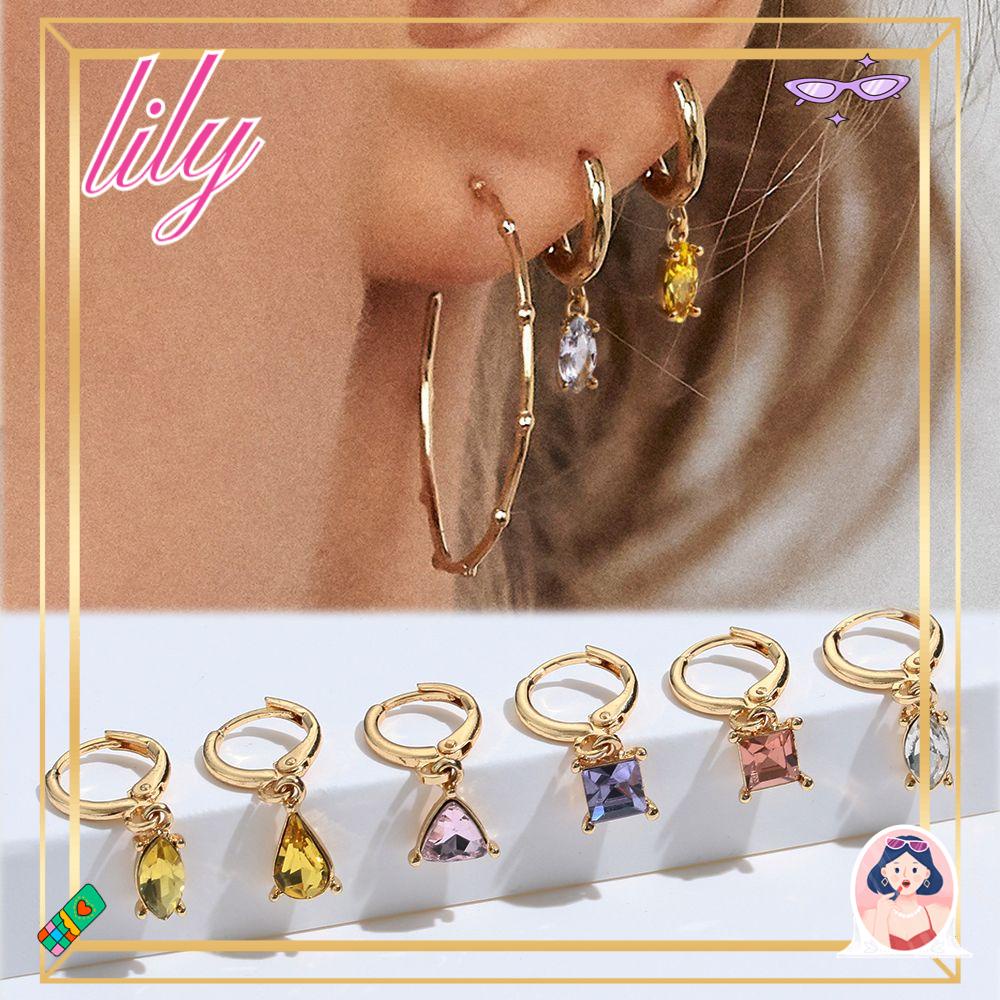 Lily 6pcs/Set Anting Menjuntai Statement Pesta Warna Emas Fashion Citrine Amethyst