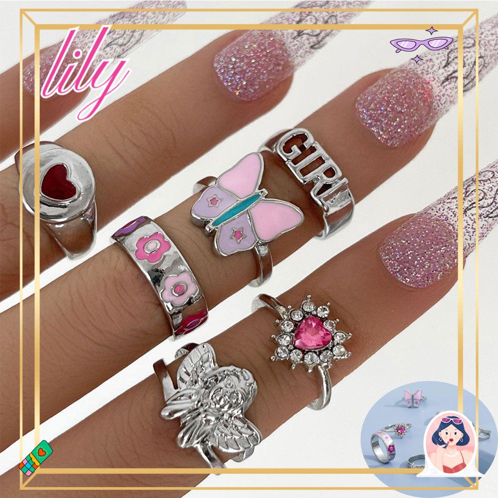 Lily 6pcs/Set Cincin Wanita Angel Jewelry Pink