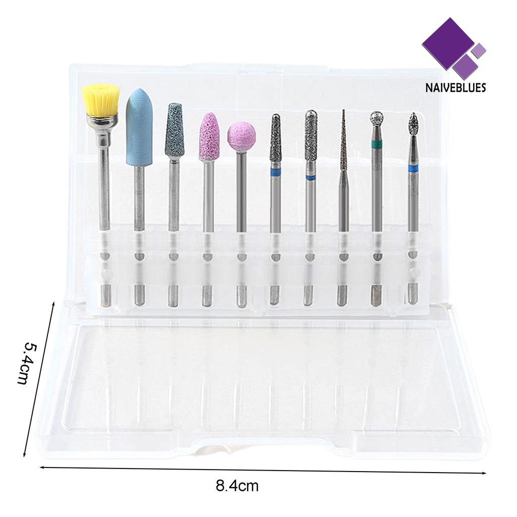 [naiveblues] 10pcs/set Mata Bor Kuku Berbagai Gaya Kit Gerinda Tungsten Manicure Kekuatan Tinggi Untuk