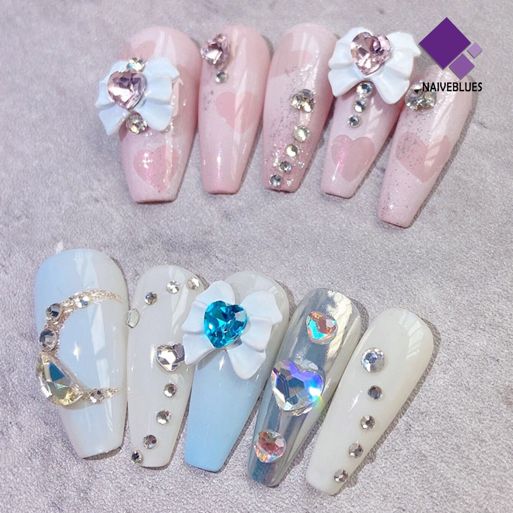 [naiveblues] 2 Pcs Kuku Berlian Imitasi Indah Busur Cinta Hati Pesona Nail Art Charms Jewelry Untuk