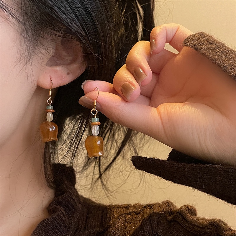 Bunga Amber Retro Gaya Baru Trendy Gaya Mori Anting Antik Panjang Elegan