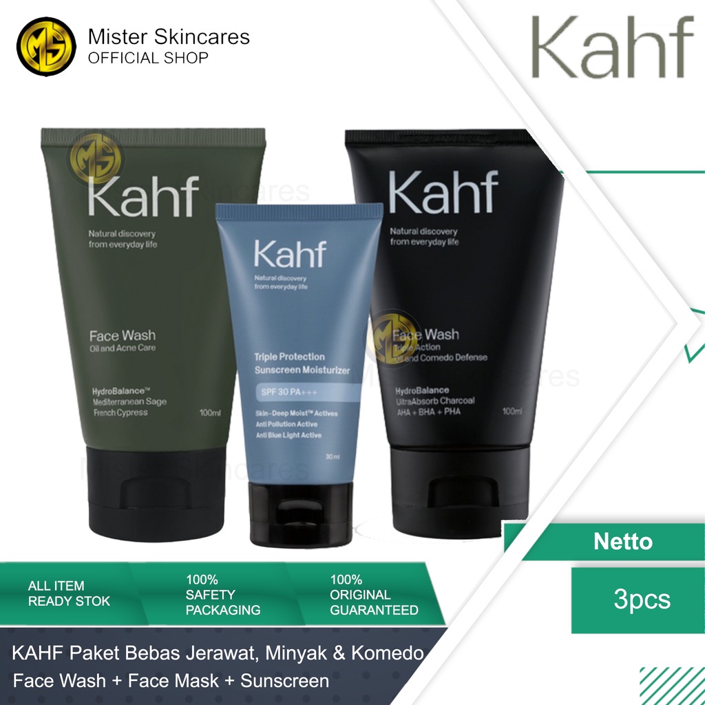 KAHF Paket Lawan Jerawat, Mengurangi Minyak Berlebih dan Komedo ( Face Wash Oil Acne + Face Wash Comedo + Sunscreen )