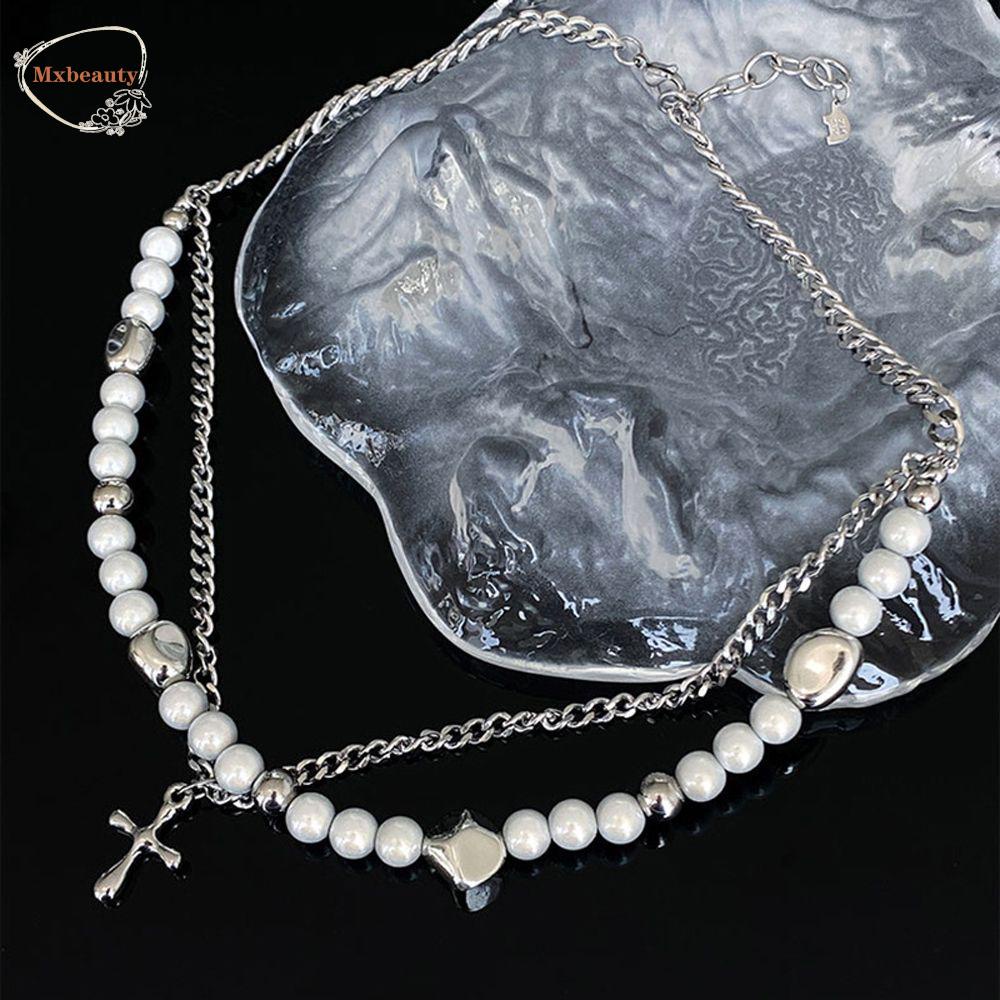 Mxbeauty Hip Hop Kalung Kreatif Sederhana Hadiah Baja Titanium Jahitan Lapisan Ganda Liontin Salib Reflektif Mutiara Rantai