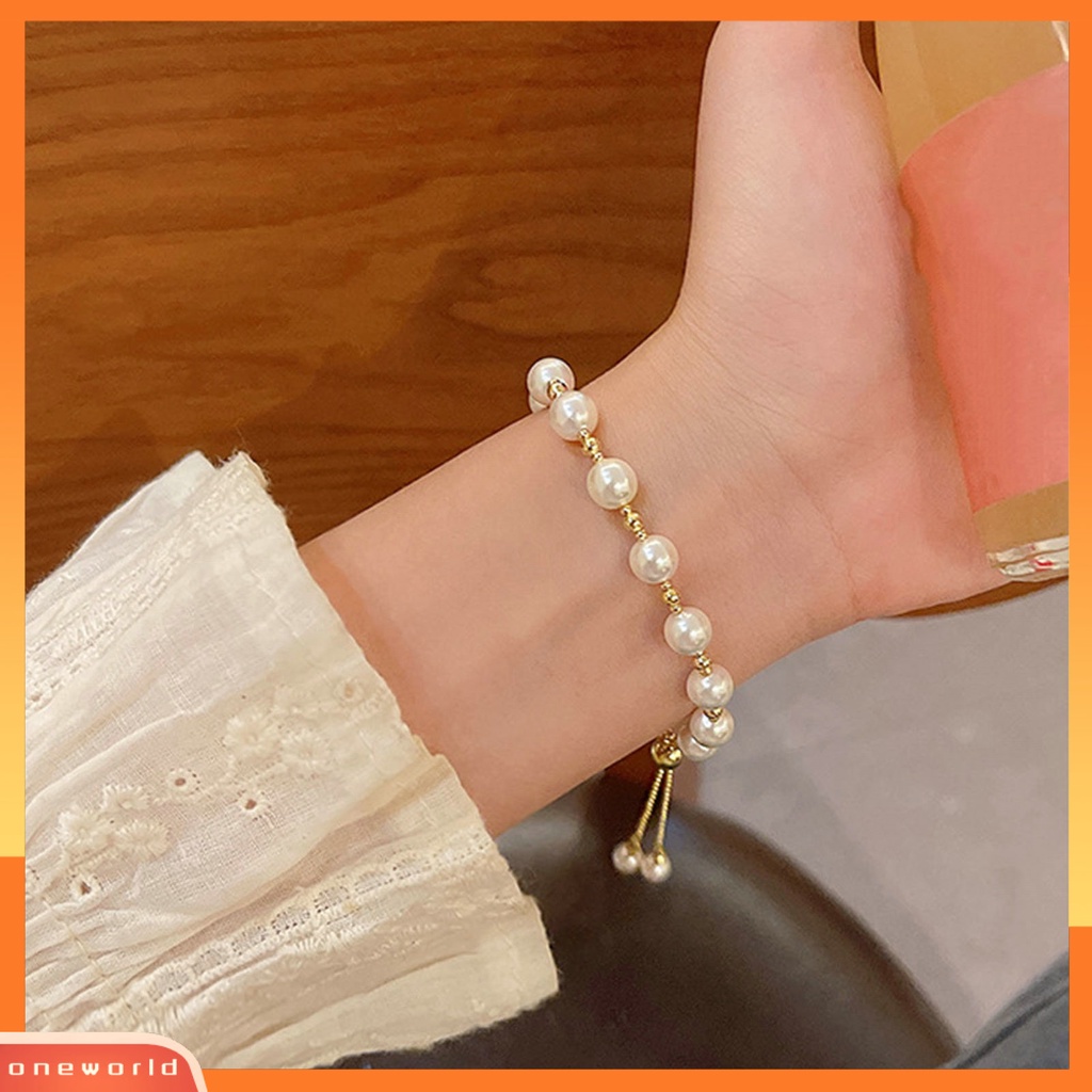 [EONE] Wanita Gelang Manik-Manik Dapat Disesuaikan Elegan Dainty Gaya Sederhana Hadiah Golden High Gloss Mutiara Imitasi Gelang Gadis Fashion Perhiasan