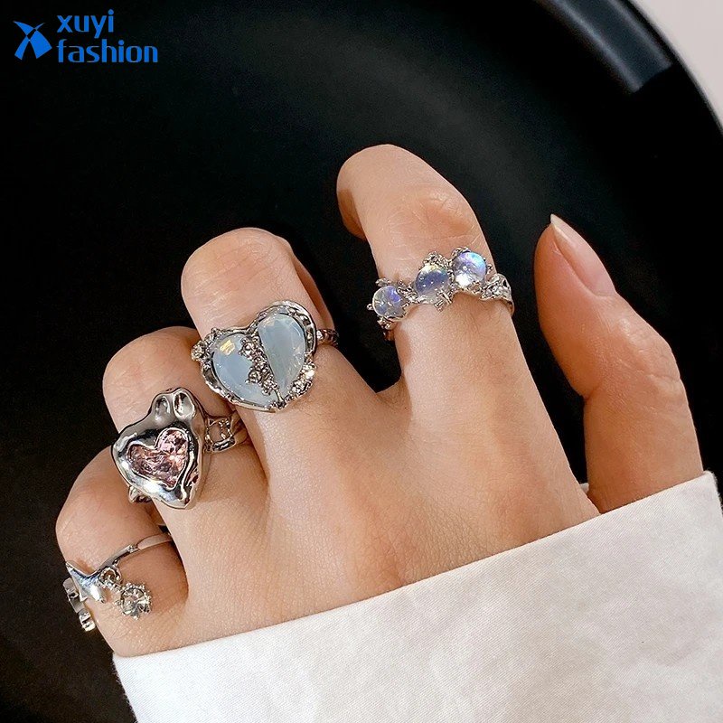 Y2k Moonstone Zircon Cincin Emas Perak Hati Berlian Rings Untuk Wanita Fashion Aksesoris Perhiasan