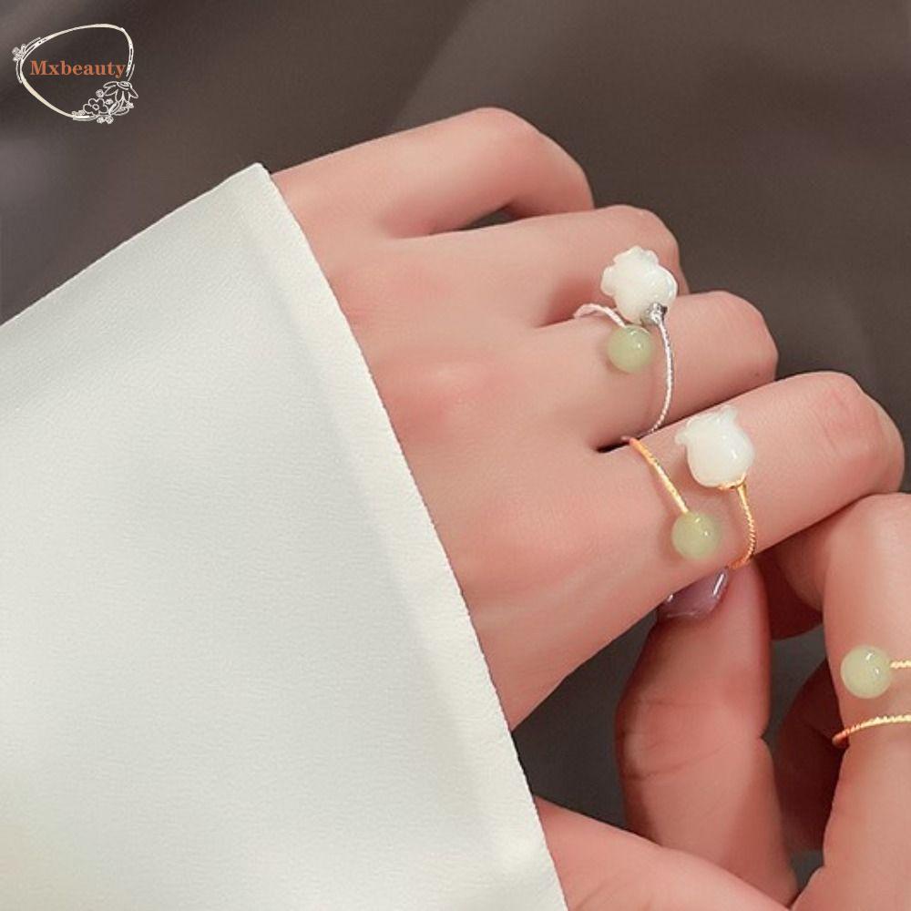 Mxbeauty Hetian Jade Open Ring Trendy Lucu Klasik Adjustable Alloy Chic Wanita Floral Ring