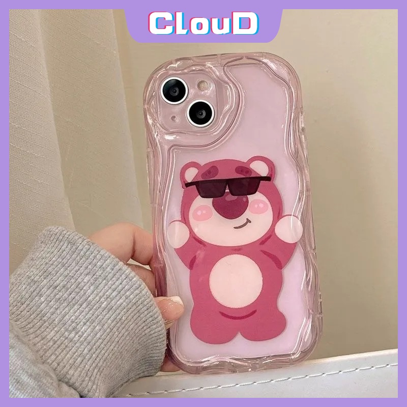 IPHONE Casing Glossy Tepi Melengkung Bergelombang Shockproof 3D Kompatibel Untuk Iphone11 12 14 13 Pro Max 7Plus XR 7 6s 6 8 Plus X XS Max SE 2020 Lembut Mawar Merah Kartun Imut Strawberry Bear Manyo Cover